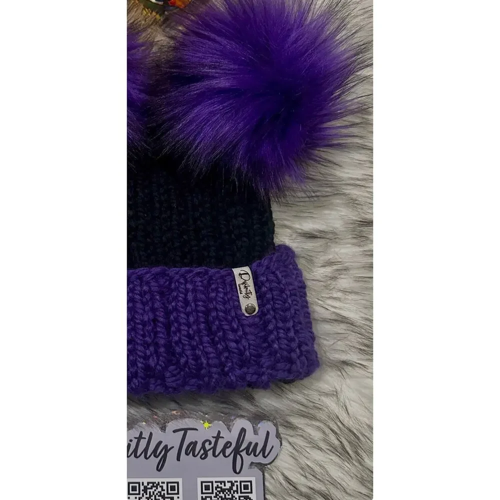 Hand Knit Beanie with Double Faux Fur Poms - Adult Winter Hat